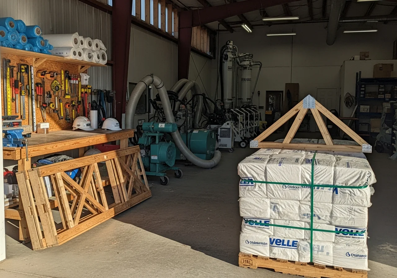 Insulation installation crew with tools and equipment ready for residential energy efficiency work.