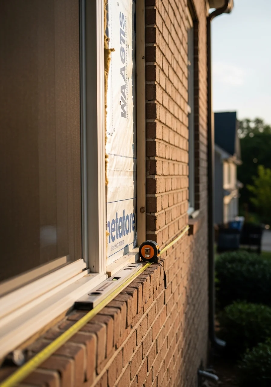 Contractor measuring and inspecting exterior trim on an Alpharetta residential property.