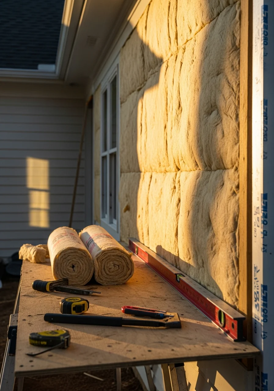 Contractor using a level to check alignment on exterior work at a Forsyth County home.