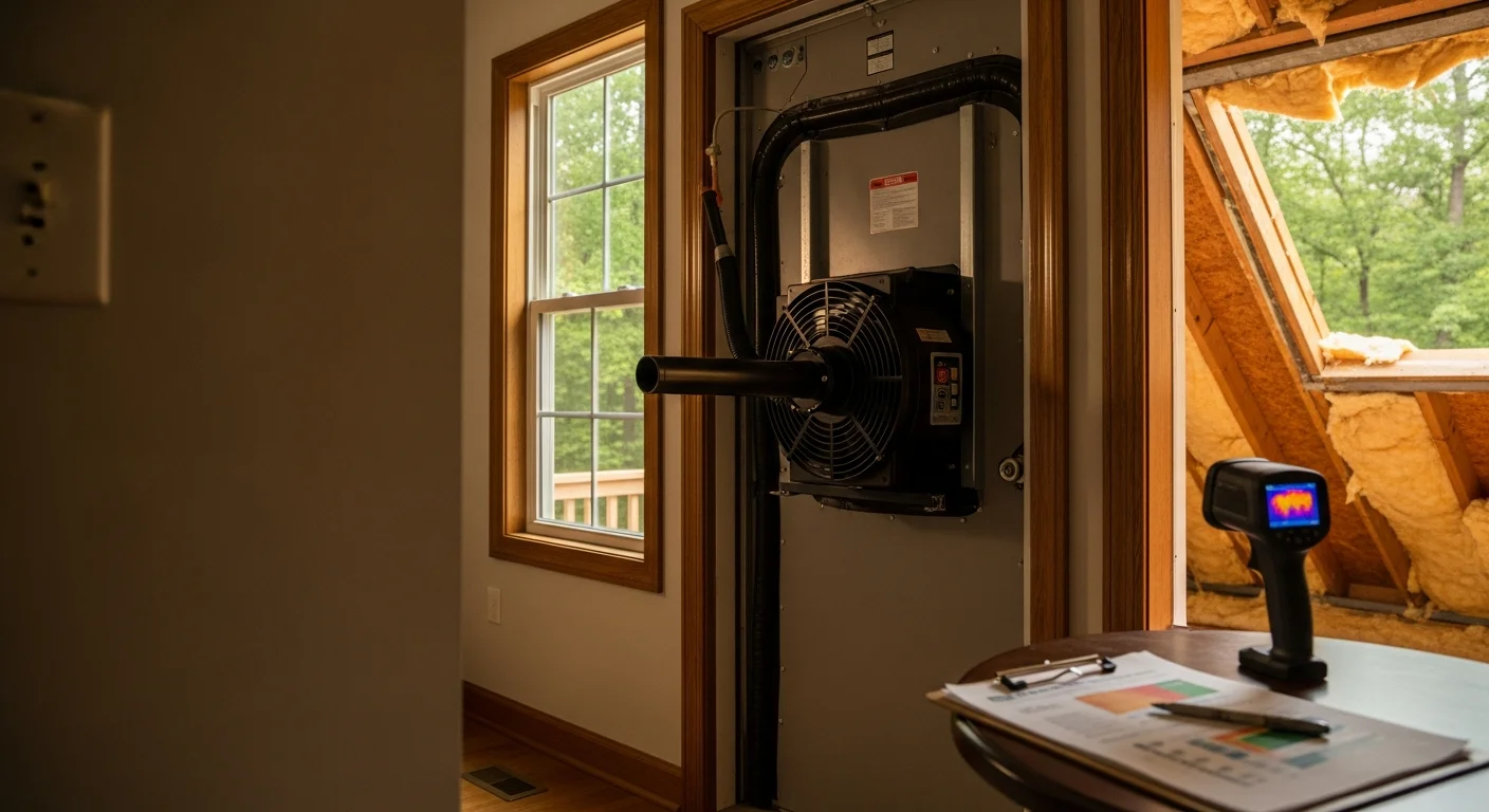 A home energy auditor performing a blower door test at the front door of a single-family home in Cumming, GA to measure air leakage. Diagnostic equipment is set up in the doorway while the auditor reviews pressure readings on a tablet.