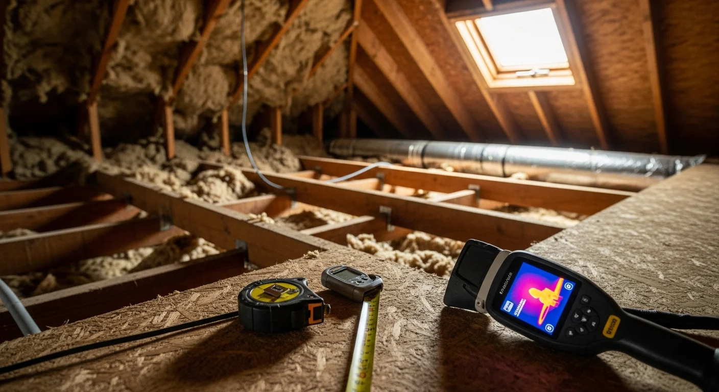 A home energy auditor inspecting attic insulation depth and coverage in a residential attic in Cumming, GA. The image shows exposed insulation batts with visible gaps near the eave line and an assessor taking written notes.