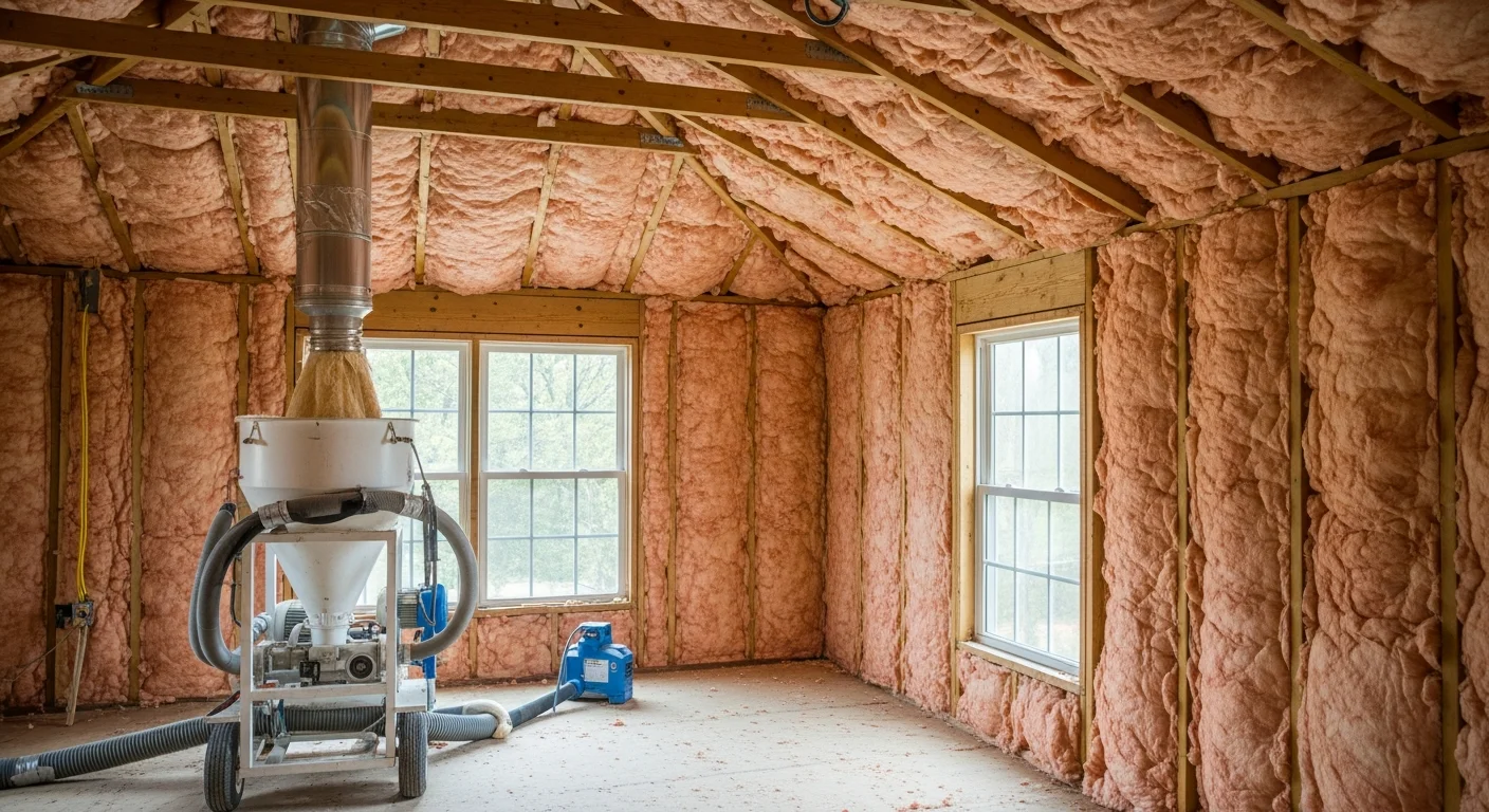 A Cumming, GA attic floor covered with freshly installed blow-in loose-fill insulation, filling the joist bays evenly from wall to wall. A depth ruler is visible in the foreground, showing the insulation has been blown to the correct level for Georgia Climate Zone 3.