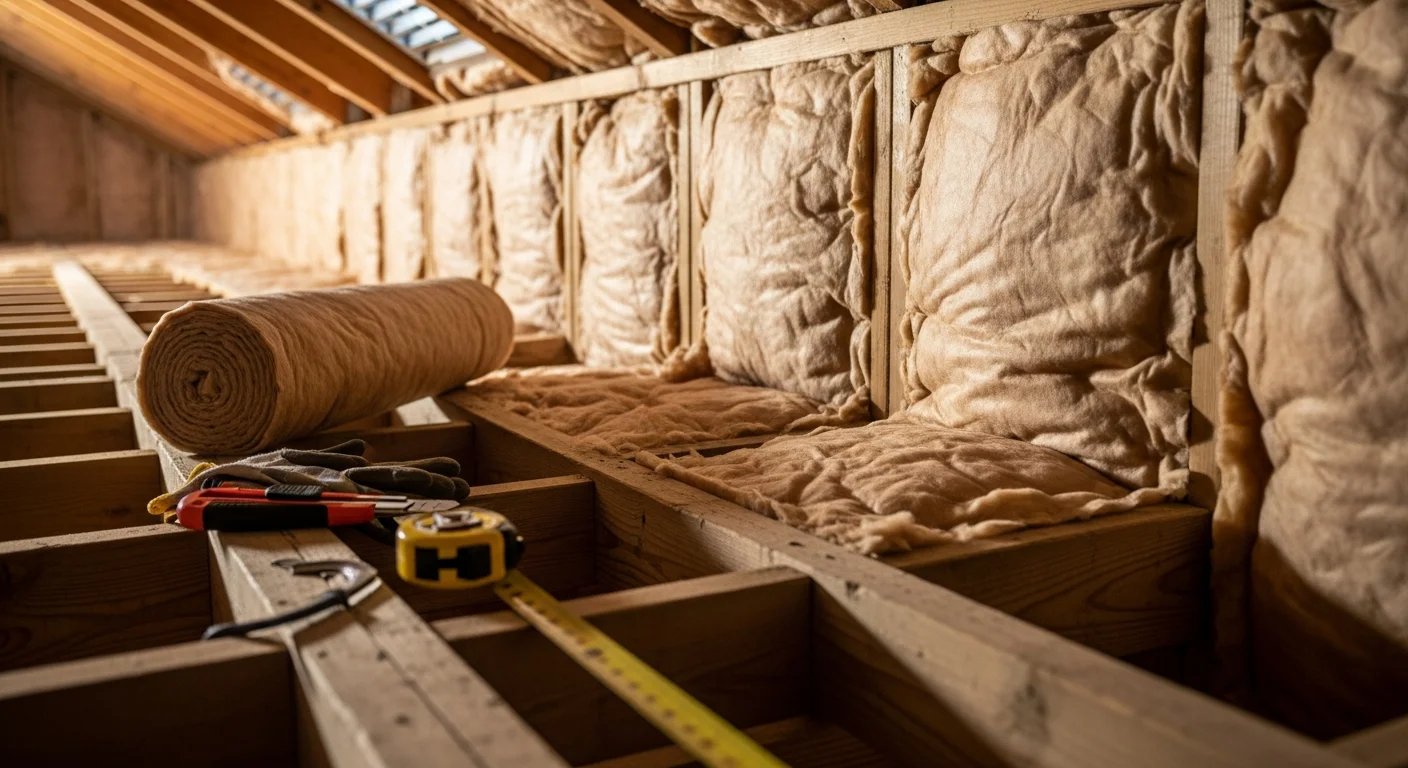A Cumming, GA attic with freshly installed blown-in fiberglass insulation covering the joists to the correct depth. A Phil Wheeler Install crew member in protective gear smooths the material across the attic floor.