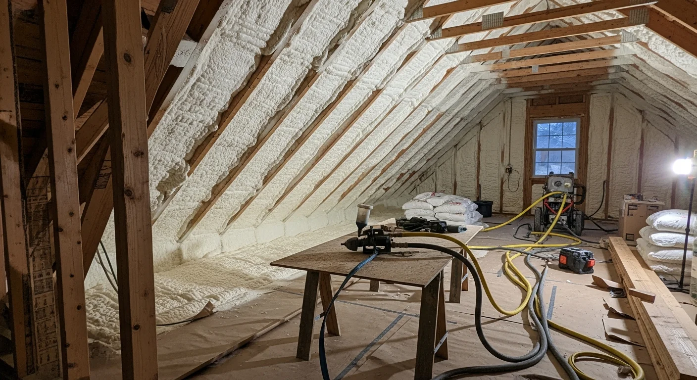 A Cumming, GA crawl space with closed-cell spray foam insulation applied across the rim joists and foundation walls. The foam forms a continuous white barrier sealing gaps and exposed wood framing.