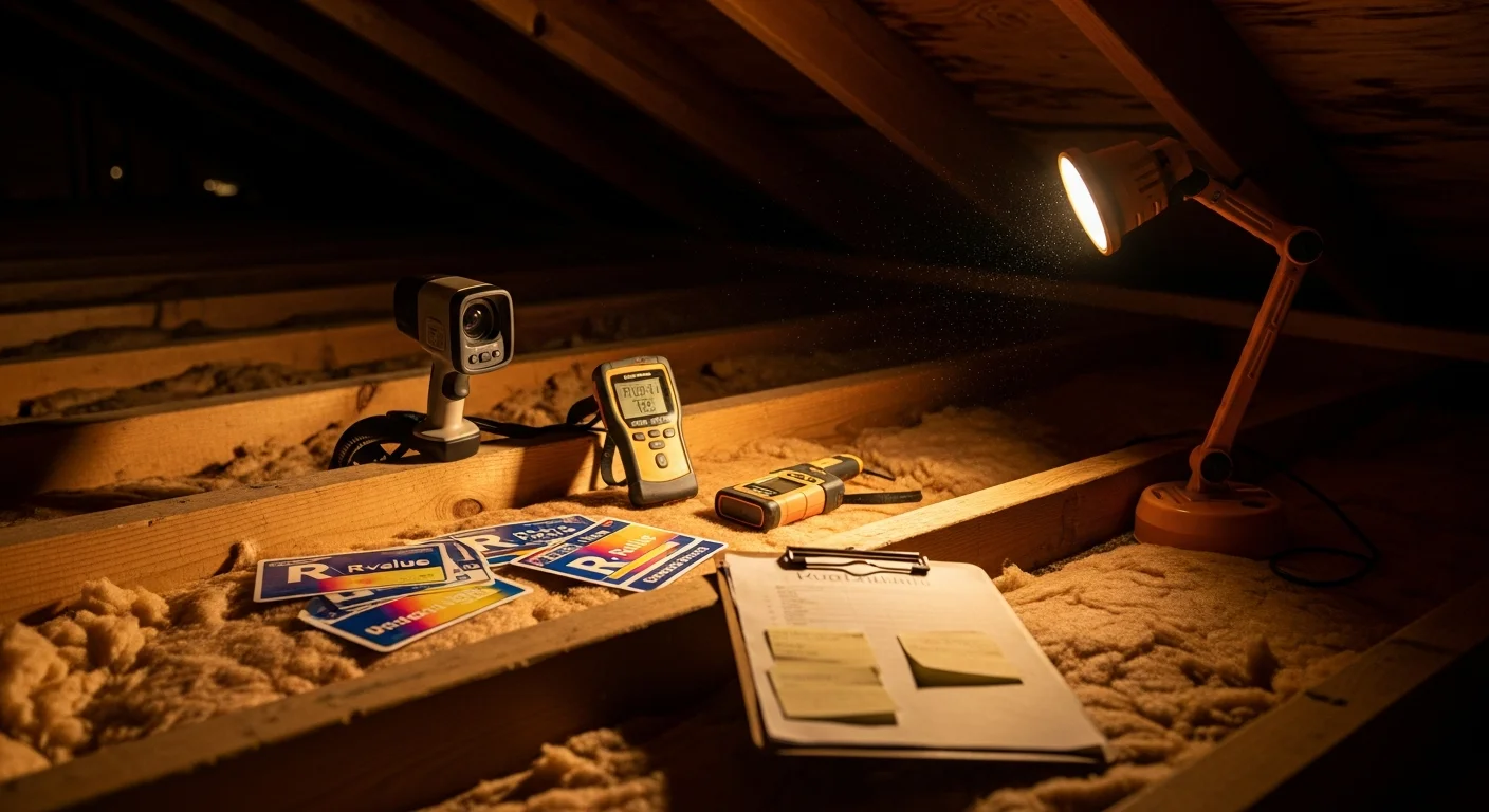 A home energy auditor using a thermal imaging camera to scan interior walls and ceiling in a Cumming, GA home, revealing heat loss patterns around windows and attic access. Blower door testing equipment is visible in the doorway during the assessment.
