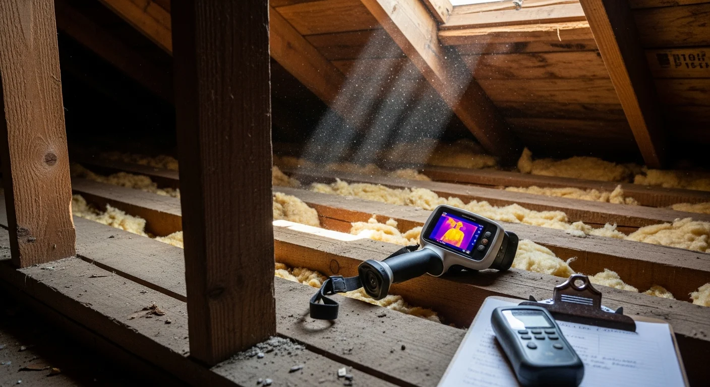 An insulation contractor inspecting attic insulation depth and coverage in a Cumming, GA home. The image shows exposed floor joists, existing insulation batts, and a technician checking for gaps and moisture damage.
