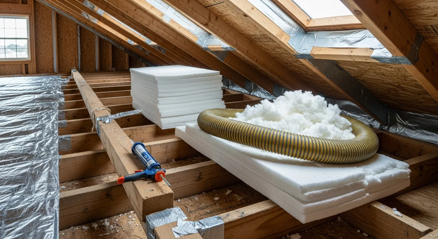 A Cumming, GA attic after an insulation upgrade by Phil Wheeler Install, showing evenly distributed insulation covering the attic floor and sealed penetrations around ductwork and wiring. The crawl space below a Forsyth County home with freshly installed insulation along the floor joists and sealed vapor barrier visible on the ground.