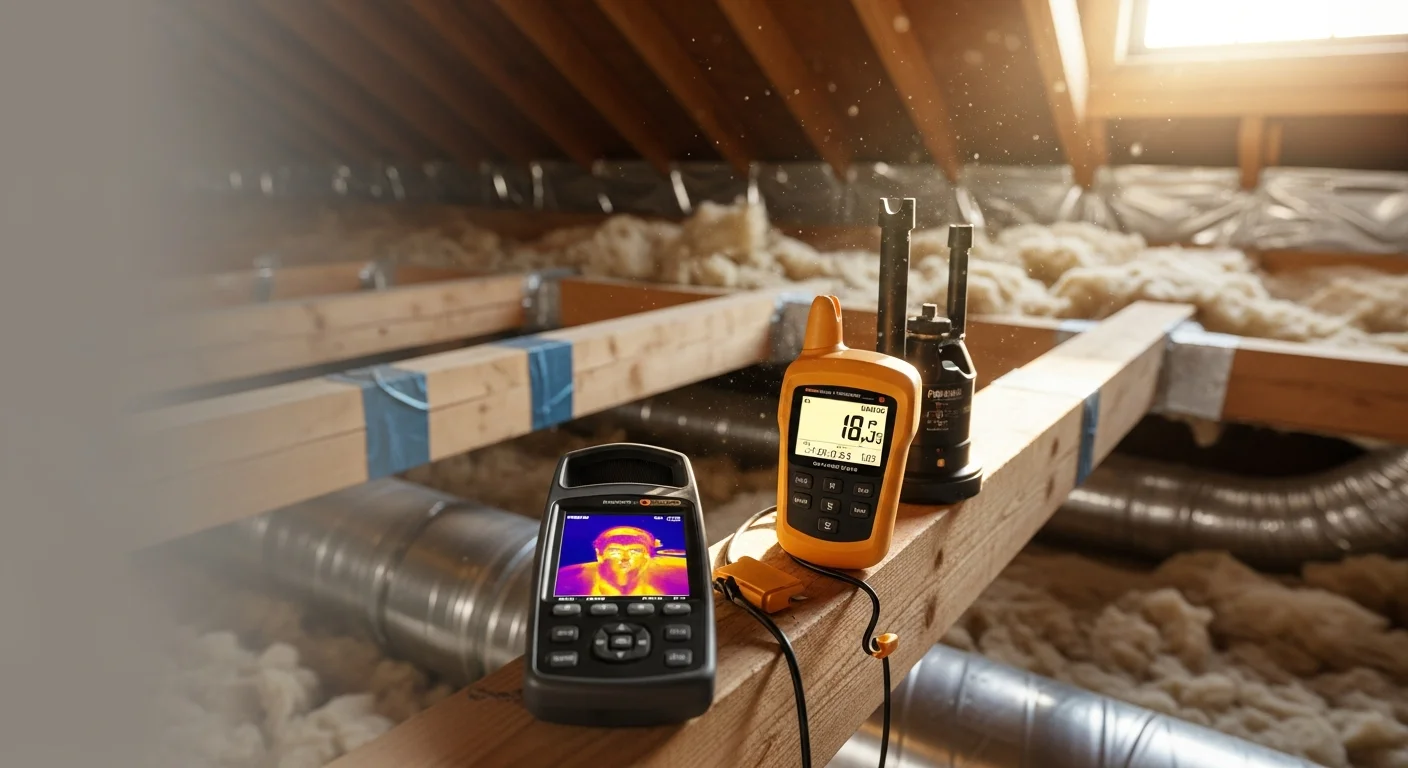A home energy auditor in Cumming, GA using an infrared camera to scan an interior wall, with a thermal image display showing color-coded temperature variations that indicate insulation gaps and air leakage points.